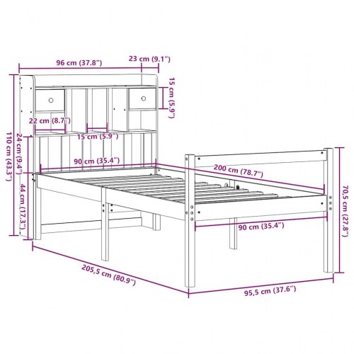 Seng med reol uden madras 90x200 cm massivt fyrretræ hvid