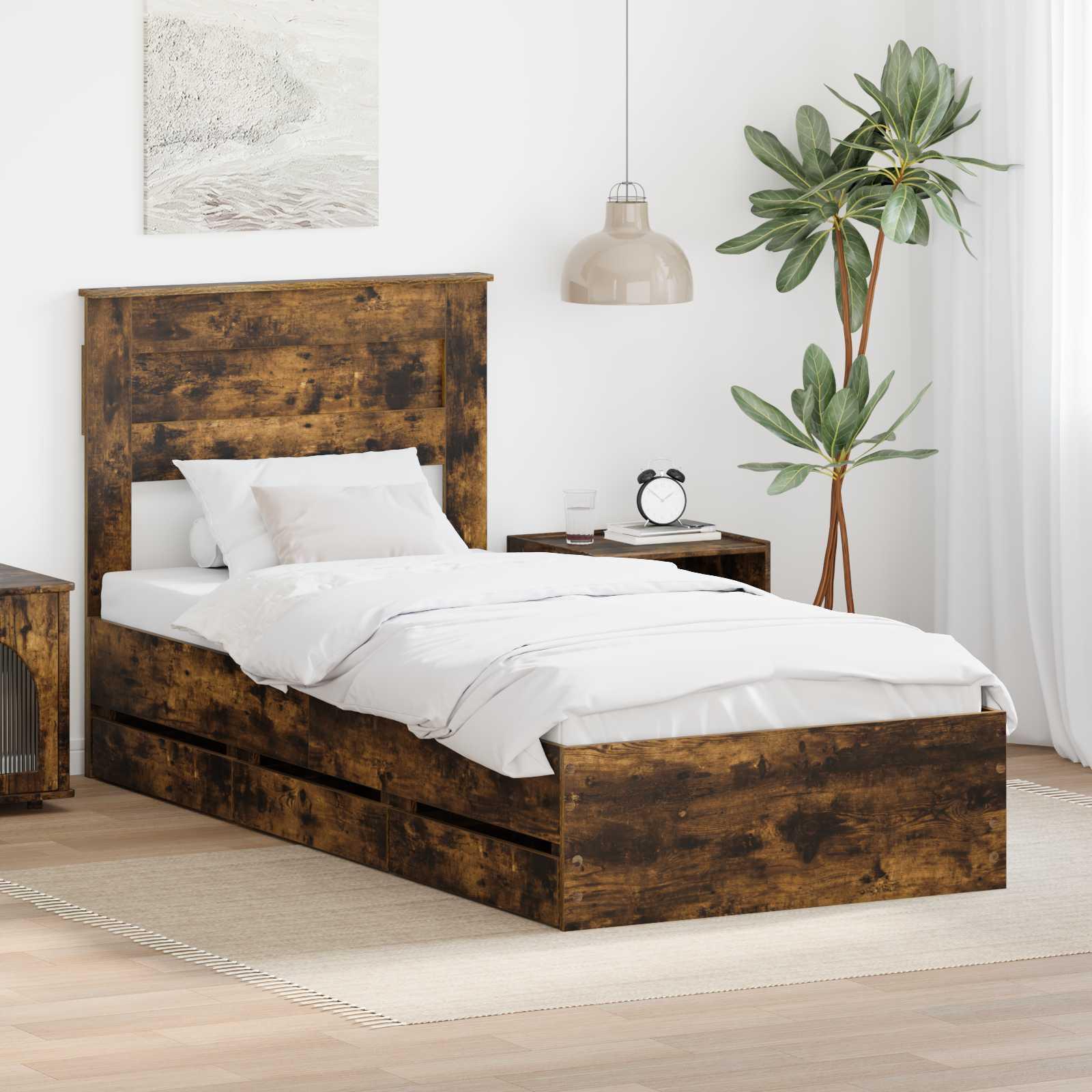 Sengestel med skuffe Røget eg 90 x 200 cm Ingeniørtræ