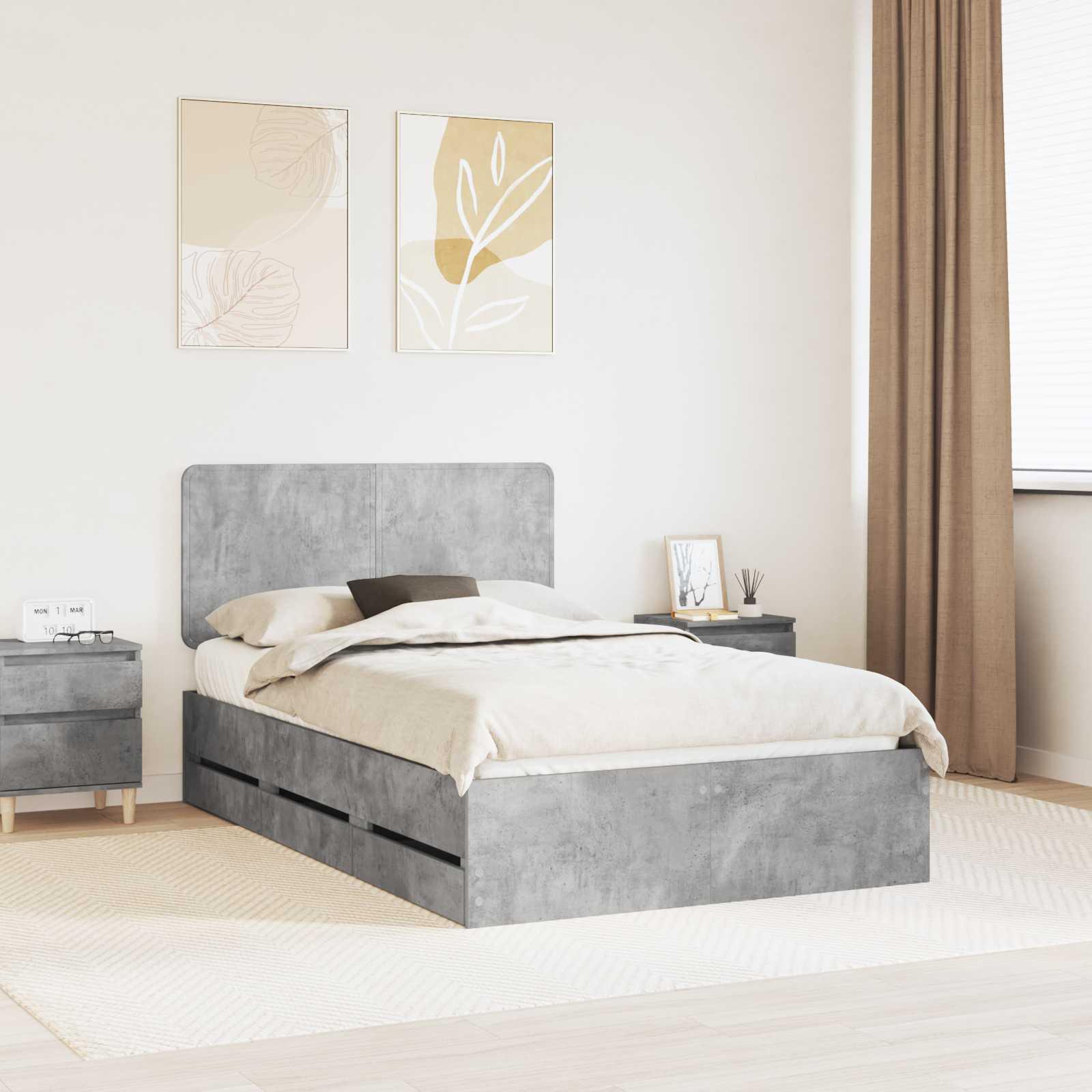 Sengestel med skuffe Beton Grå 135 x 190 cm Ingeniørtræ