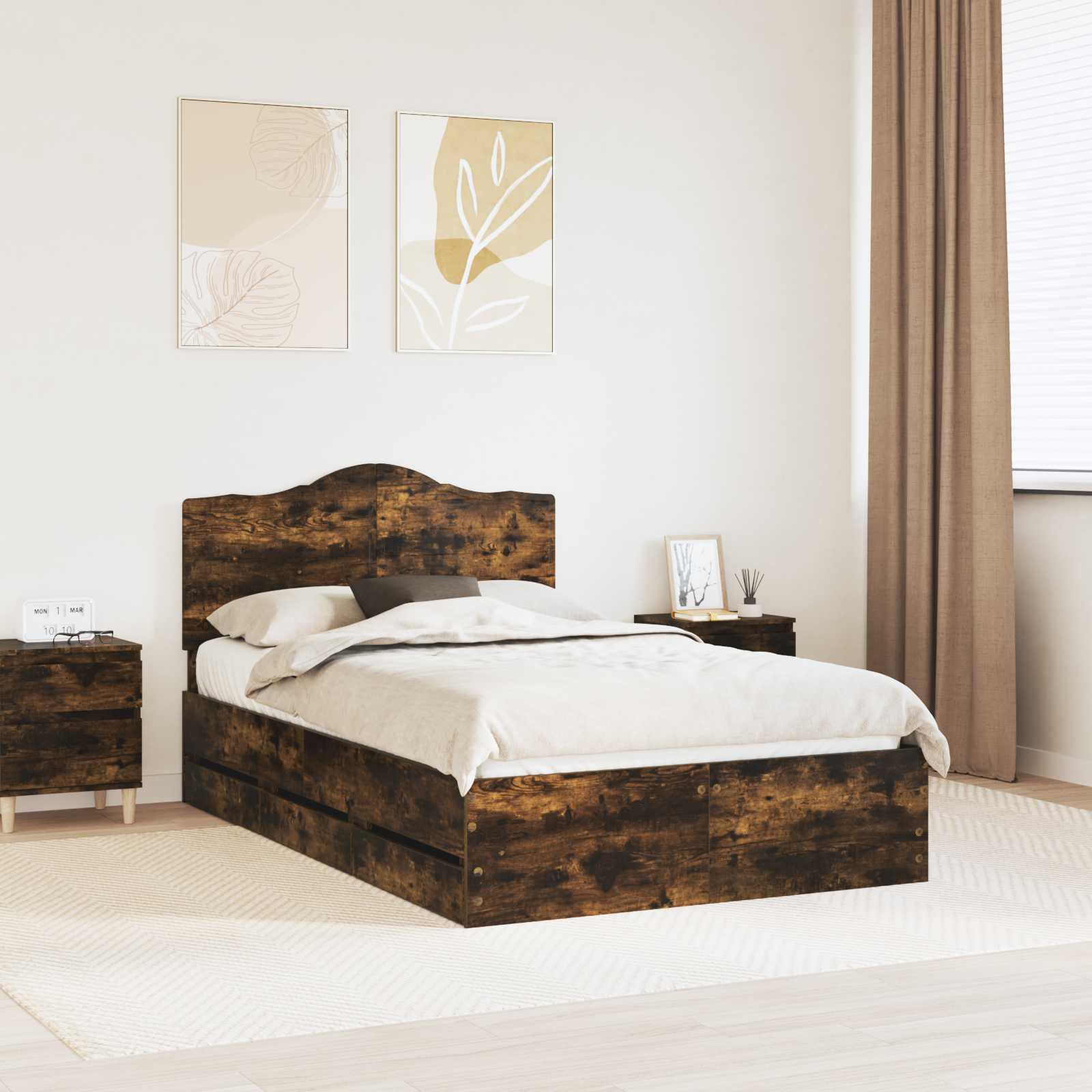 Sengestel med skuffe Røget eg 135 x 190 cm Ingeniørtræ