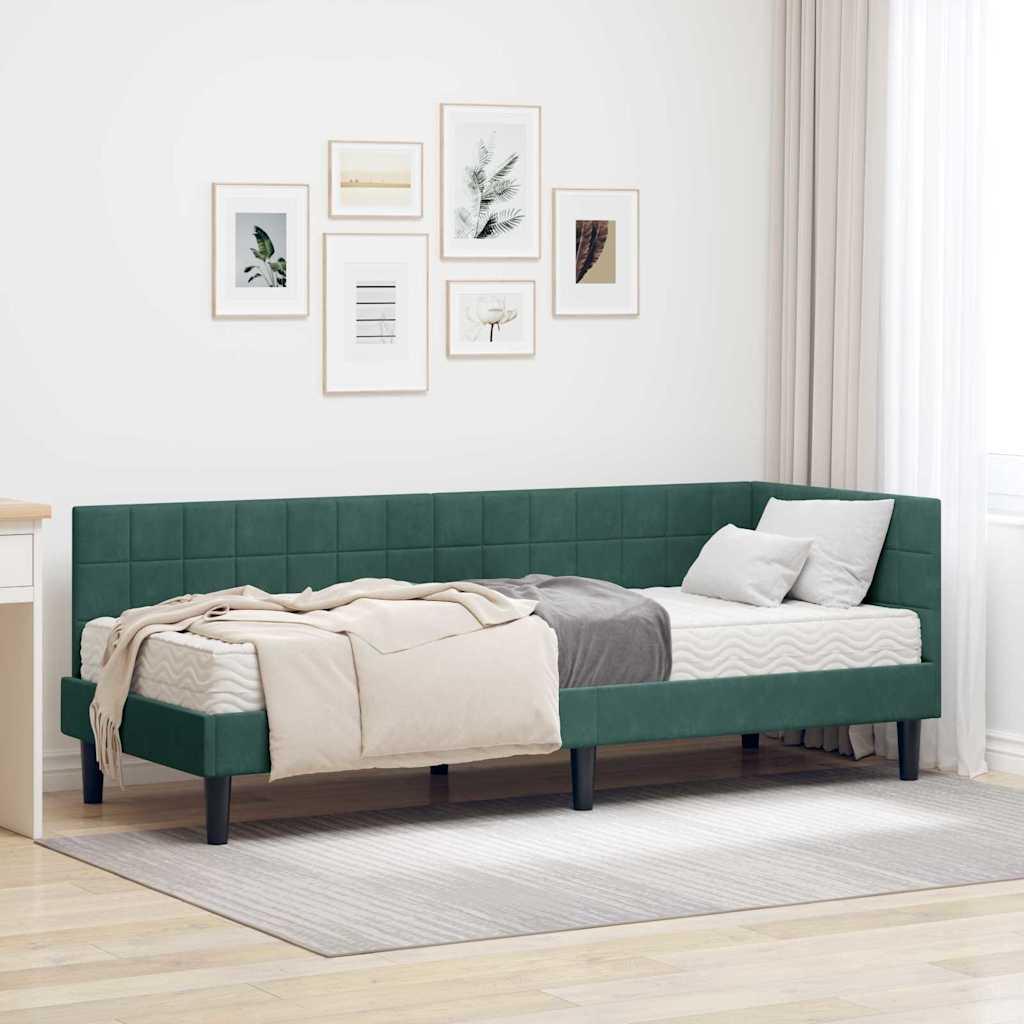 Hjørneseng med madras og vægmonteret hovedgærde - grøn fløjl, 80×200 cm