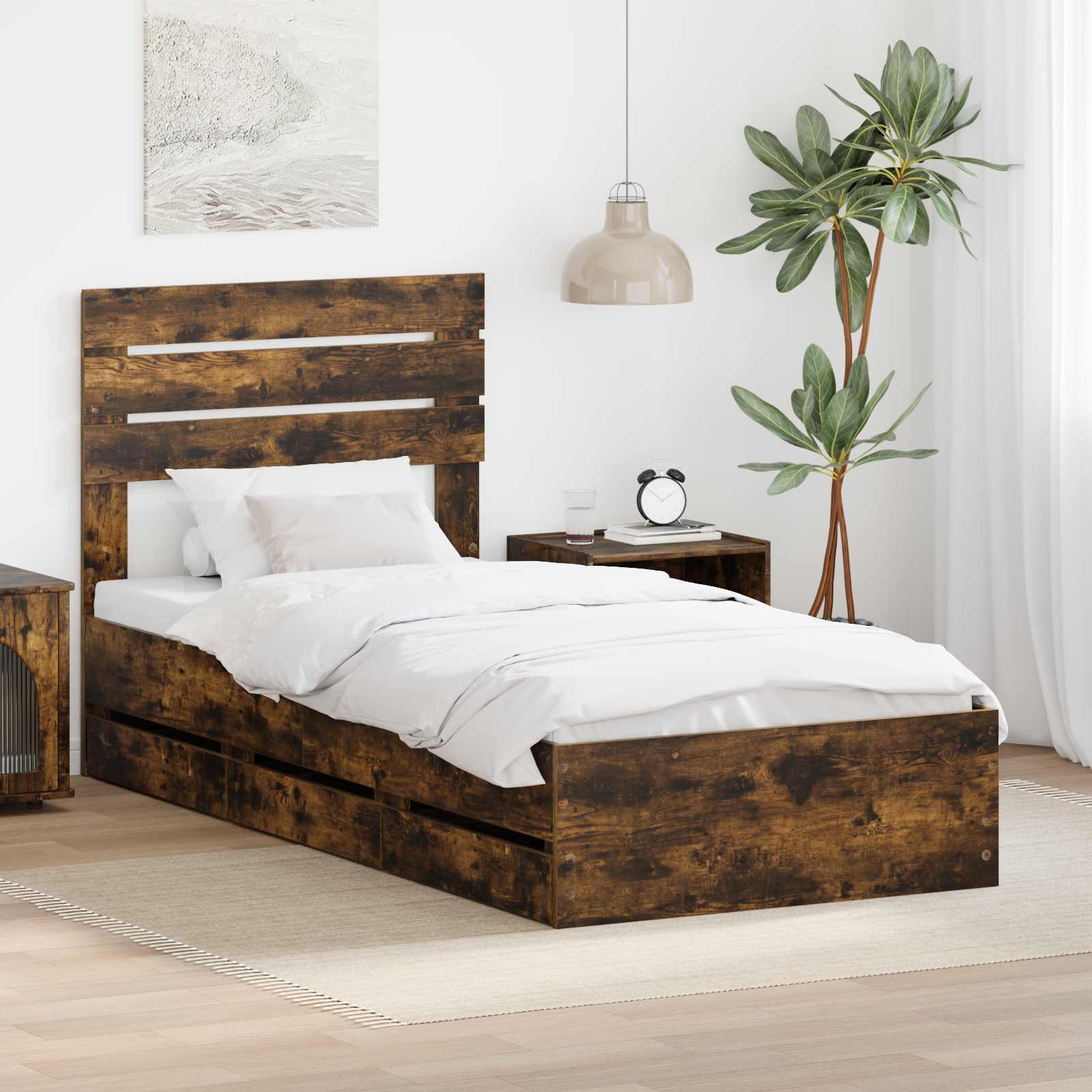 Sengestel med skuffe Røget eg 100 x 200 cm Ingeniørtræ