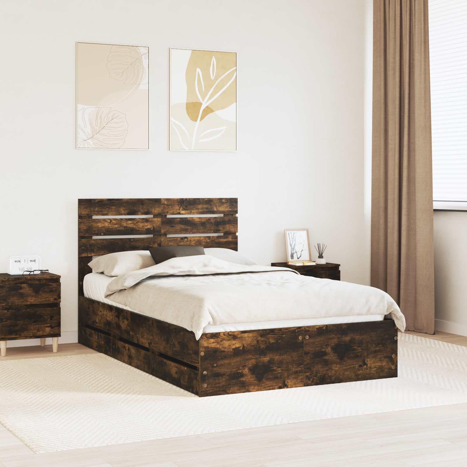 Sengestel med skuffe Røget eg 135 x 190 cm Ingeniørtræ