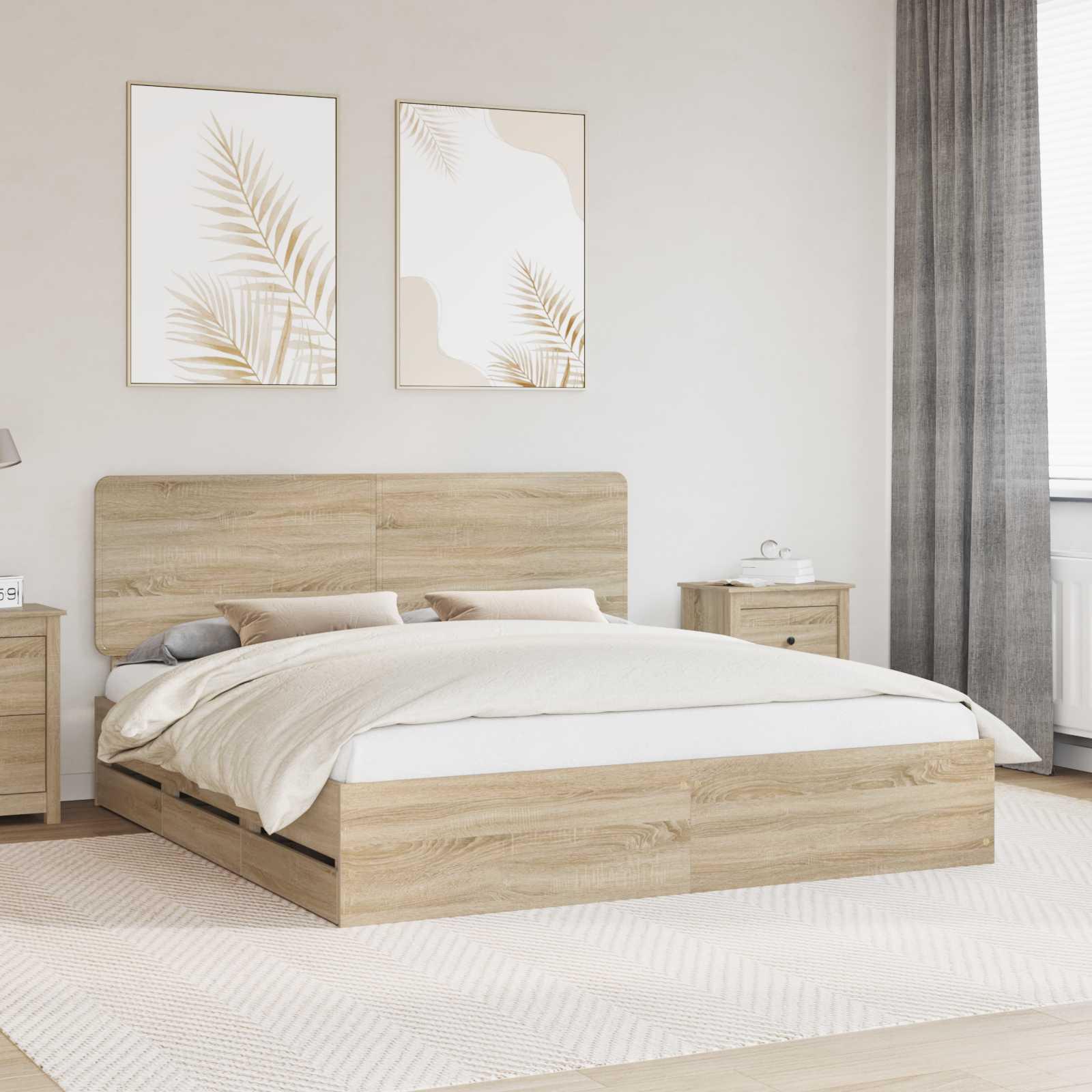 Sengestel Med Skuffe Ingeniørtræ - Sonoma-eg / 200 x 200 cm
