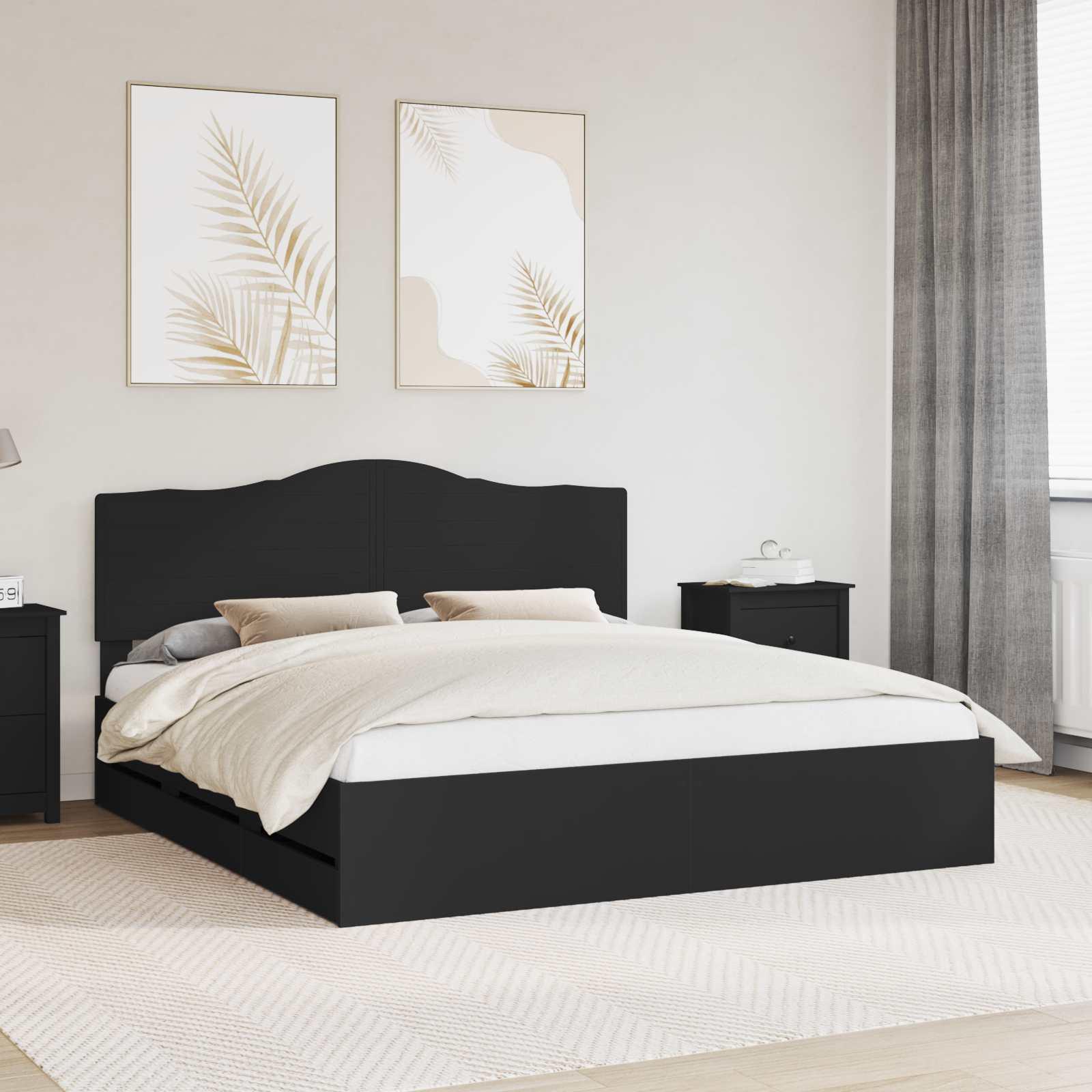Sengestel Med Skuffe Ingeniørtræ - Sort / 200 x 200 cm