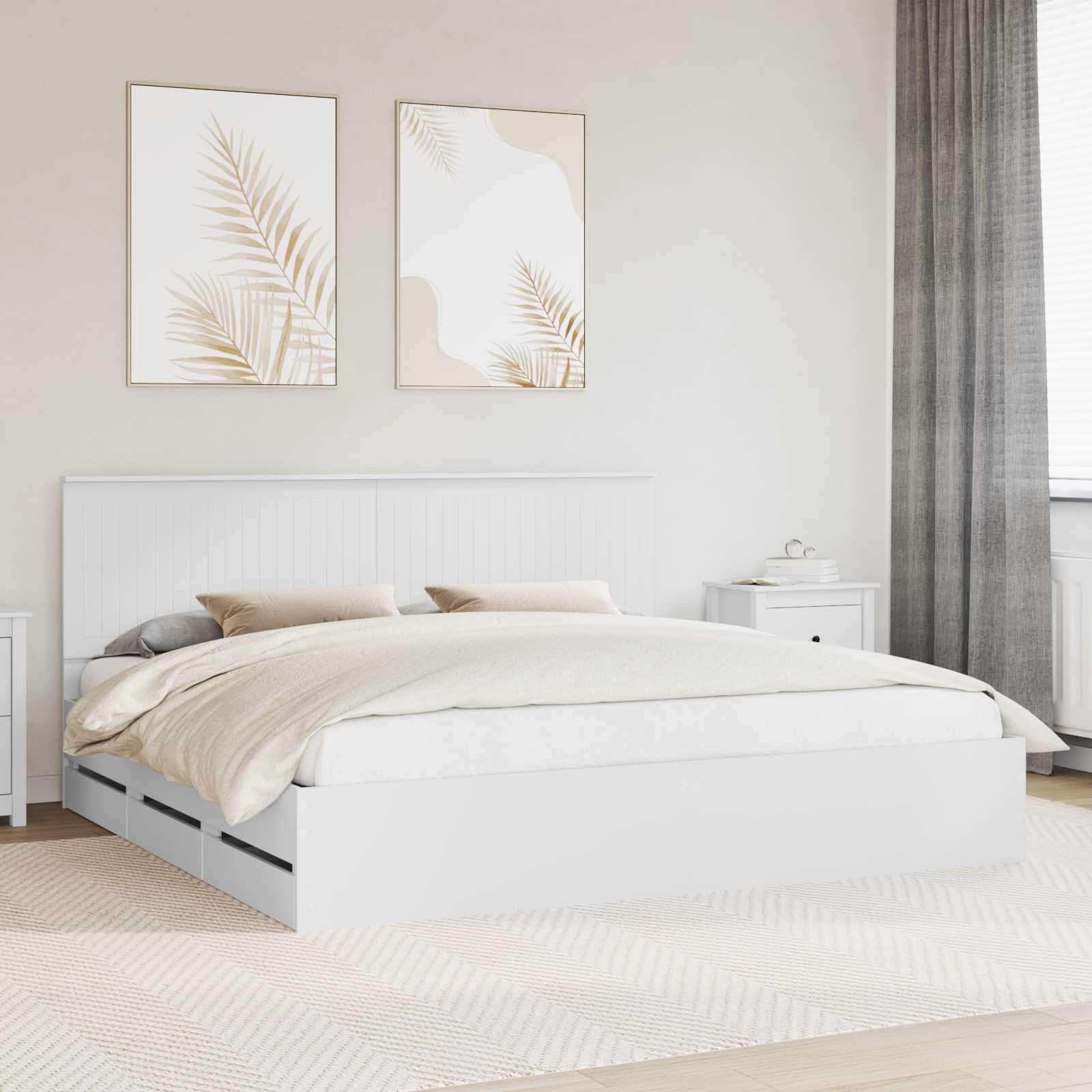 Sengestel med skuffe Hvid 200 x 200 cm Ingeniørtræ