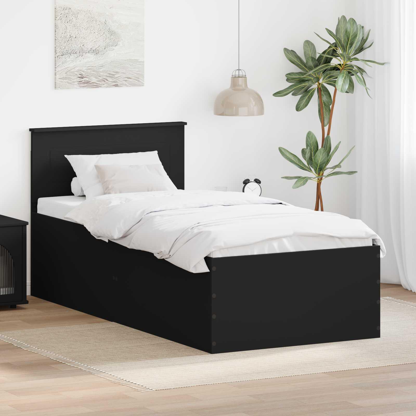 Sengestel med hovedgærde - sort 75 x 190 cm, konstrueret træ