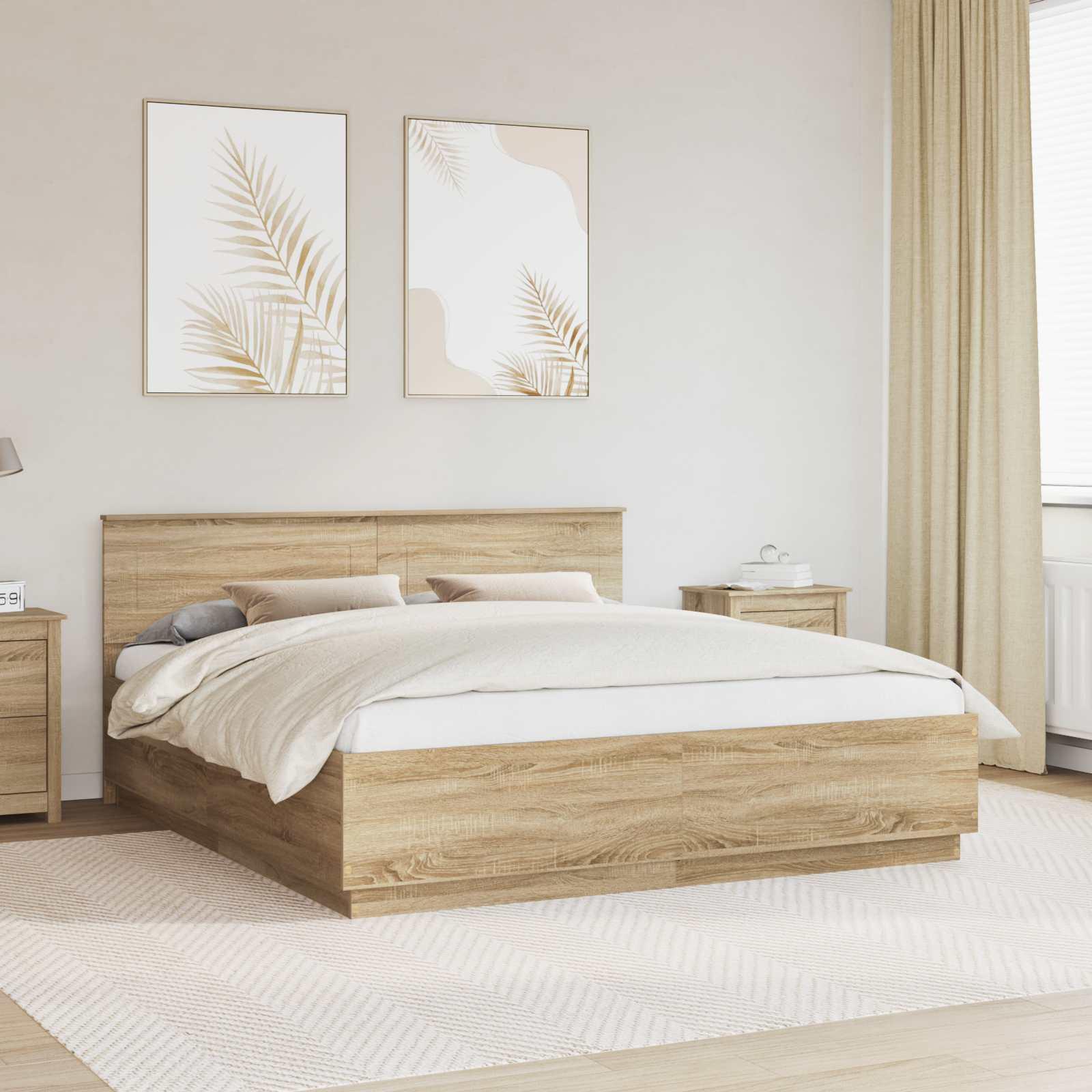 Sengestel med hovedgærde - Sonoma eg 200 x 200 cm, konstrueret træ, LED og USB
