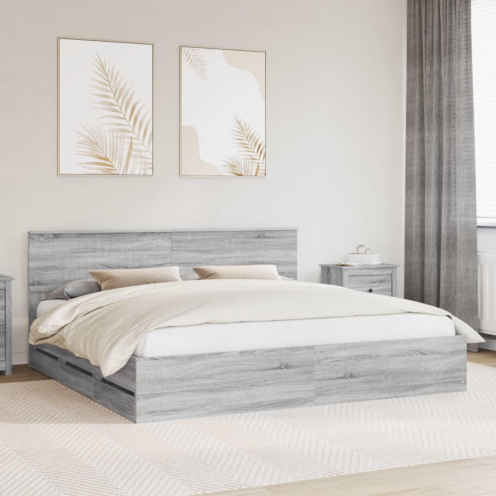 Sengestel med skuffe Grå Sonoma 200 x 200 cm Ingeniørtræ
