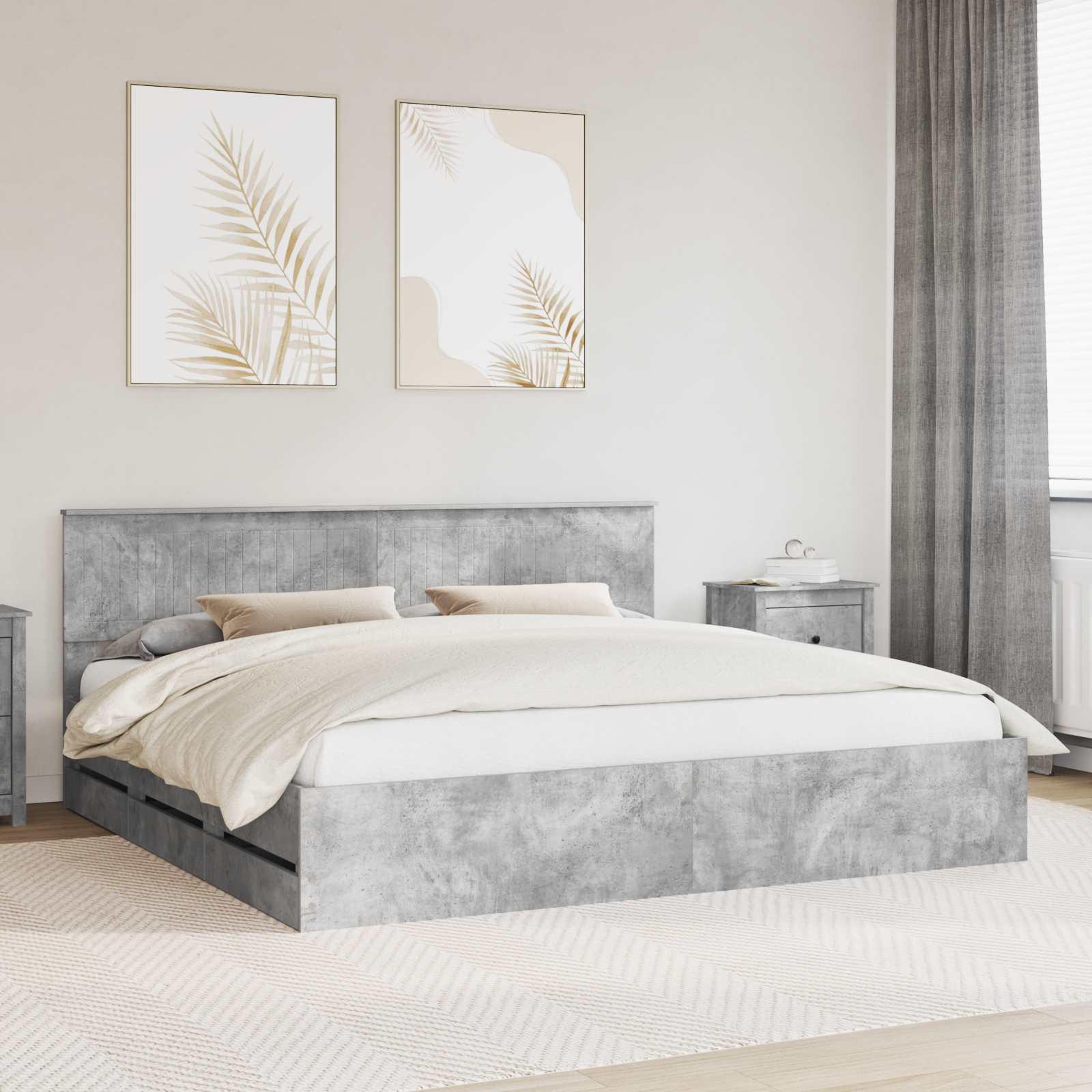 Sengestel med skuffe Beton Grå 200 x 200 cm Ingeniørtræ