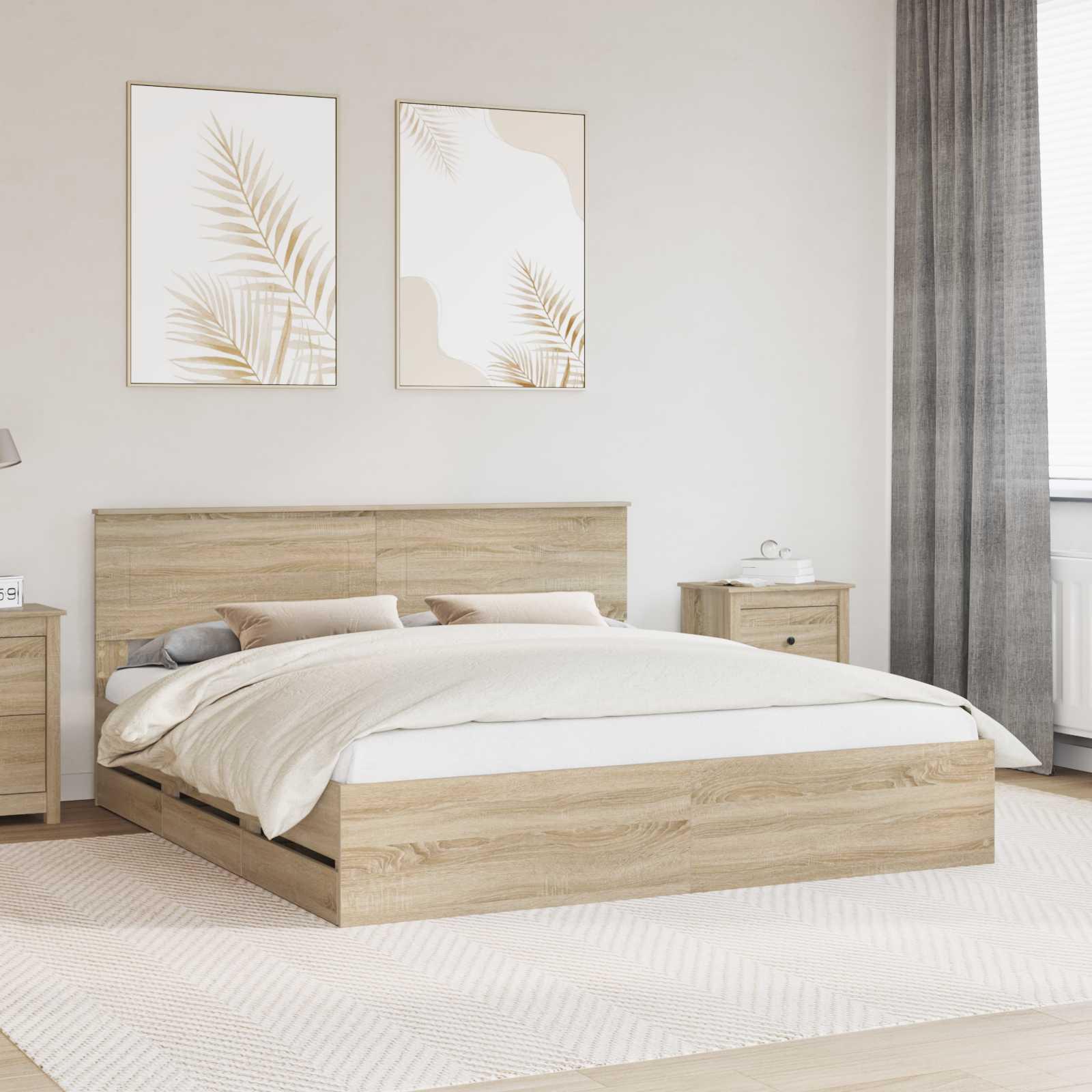 Sengestel Med Skuffe Ingeniørtræ - Sonoma-eg / 200 x 200 cm