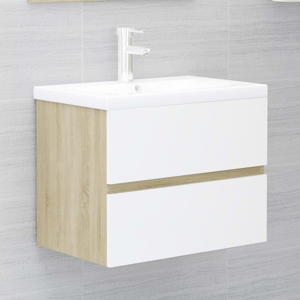 Vaskeskab med indbygget håndvask spånplade hvid og sonoma-eg