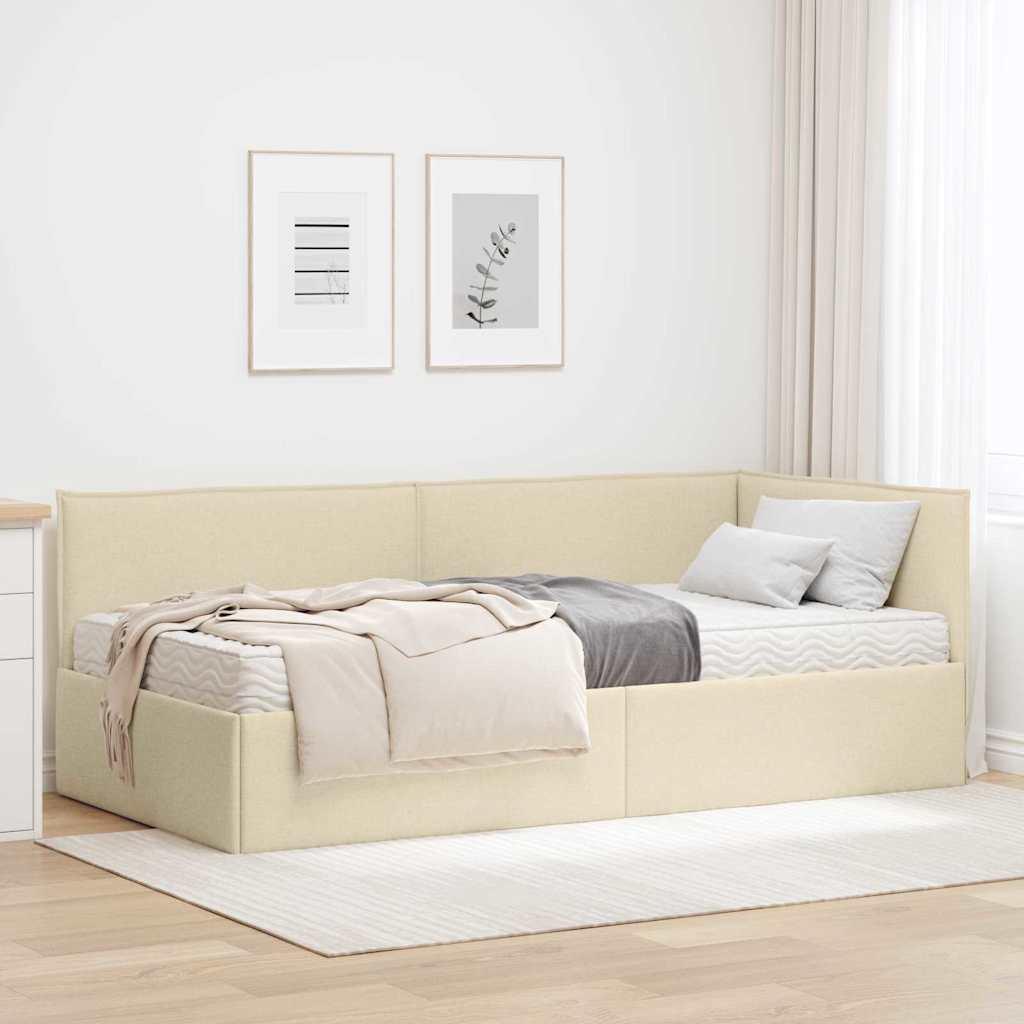 Hjørnesengramme Med Madras Med Hovedgærde 2 Dele Fløjl - Creme / 100 x 200 cm