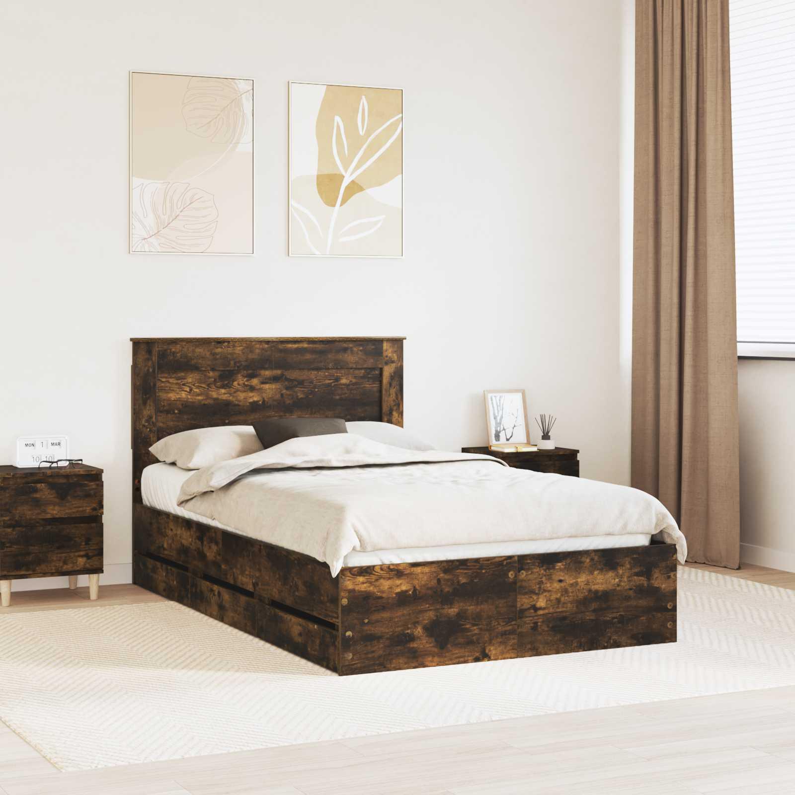 Sengestel med skuffe Røget eg 135 x 190 cm Ingeniørtræ