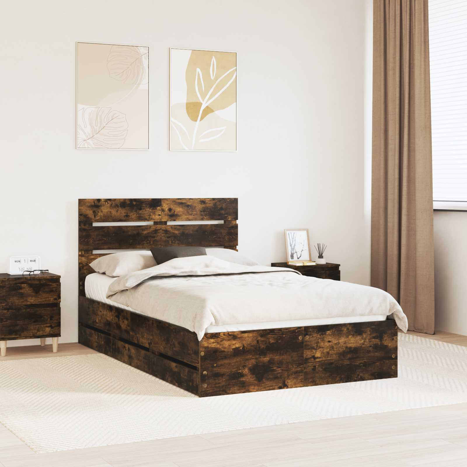 Sengestel med skuffe Røget eg 135 x 190 cm Ingeniørtræ