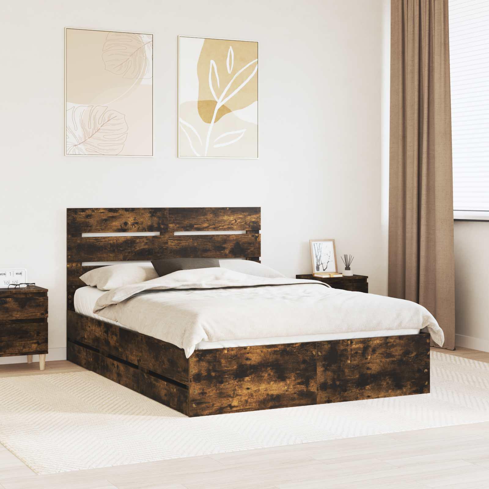 Sengestel med skuffe Røget eg 140 x 190 cm Ingeniørtræ