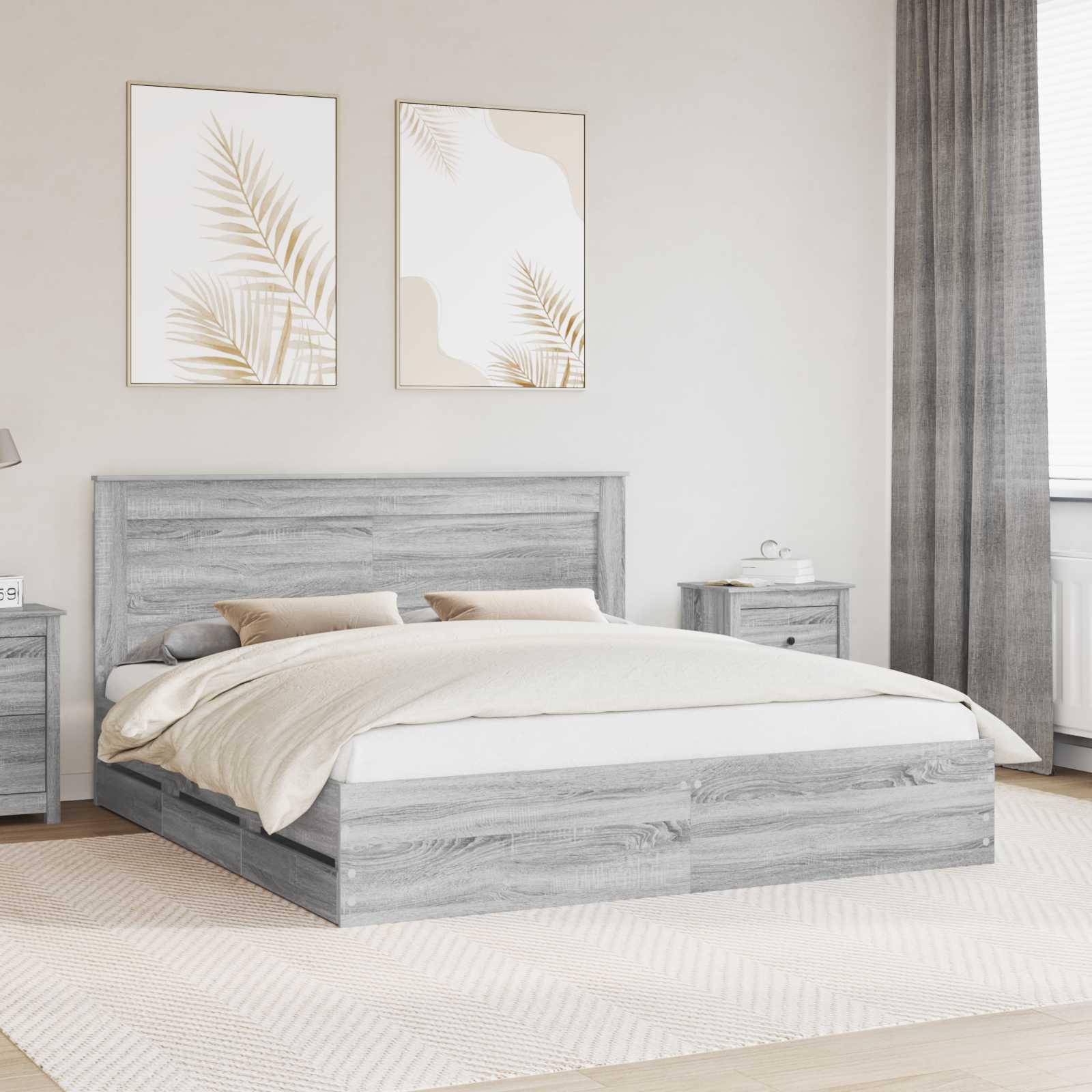 Sengestel med skuffe Grå Sonoma 200 x 200 cm Ingeniørtræ