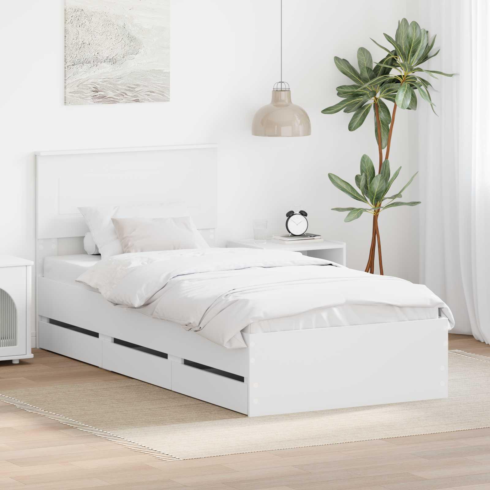 Sengestel Med Skuffe Ingeniørtræ - Hvid / 100 x 200 cm