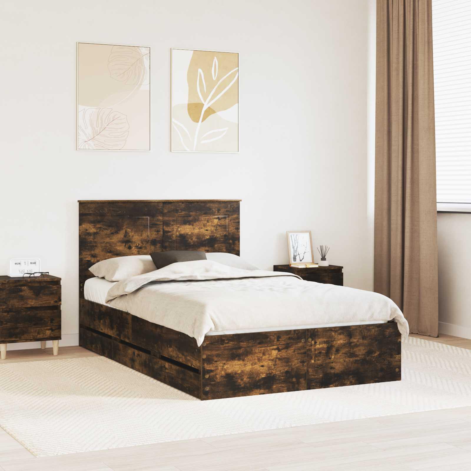 Sengestel med skuffe Røget eg 135 x 190 cm Ingeniørtræ