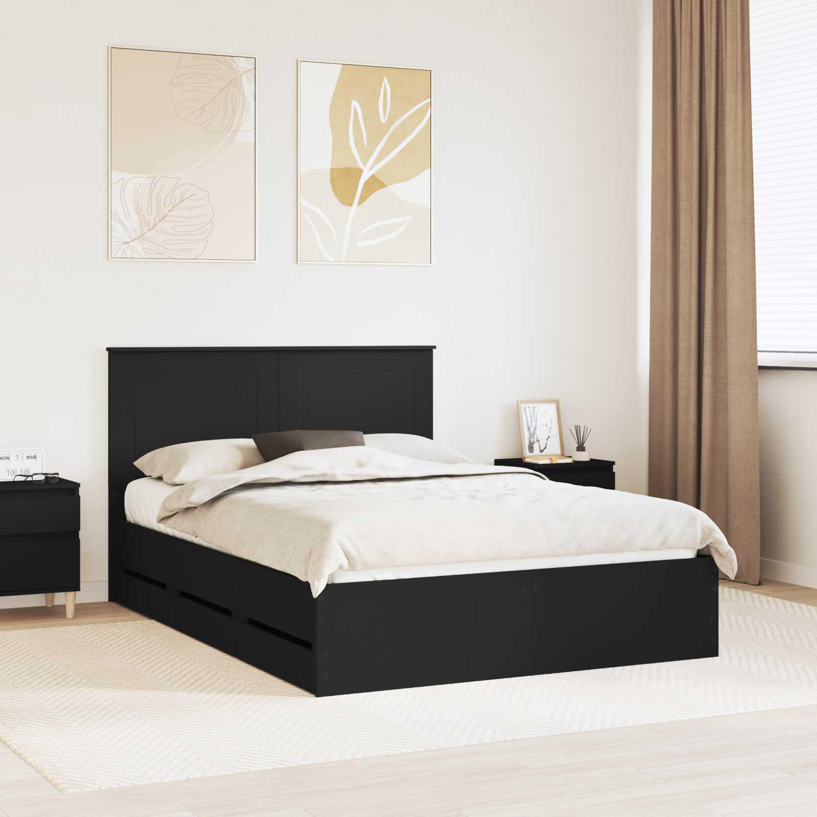 Sengestel med skuffe Sort 150 x 200 cm Ingeniørtræ