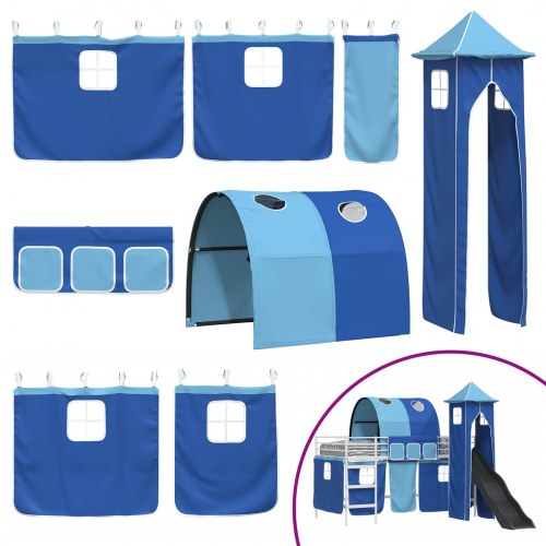 Børns Loft Seng Ramme med Gardiner, Bue, Rutsjebane, Tårn