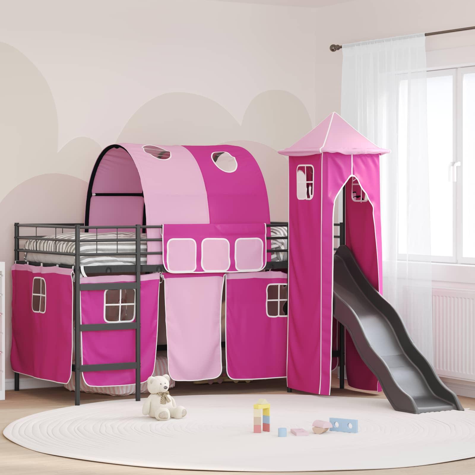 Børns Loft Seng Ramme med Gardiner, Bue, Rutsjebane, Tårn