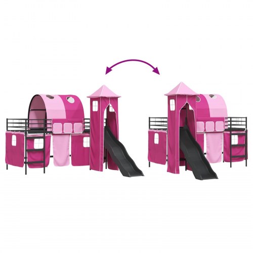 Børns Loft Seng Ramme med Gardiner, Bue, Rutsjebane, Tårn