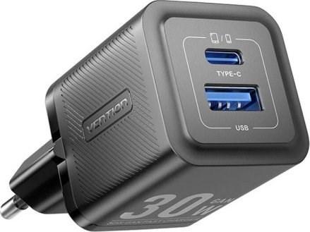 Ladowarka sieciowa, Vention, FEQB0-EU,USB-C, USB- A, 30W/30W, GaN (czarna)