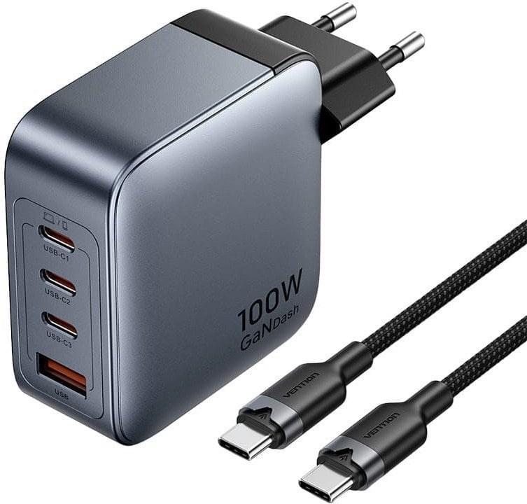 Vention Power Charger 3x USB-C 1x USB-A 100W with 1m USB-C Cable - Grey/Black