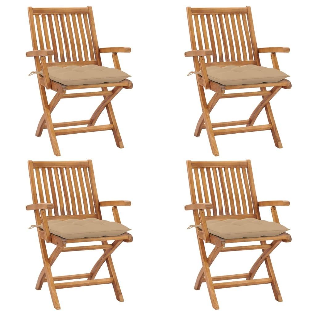 Foldbare havestole - 4 stk. i massivt teaktræ med beige hynder