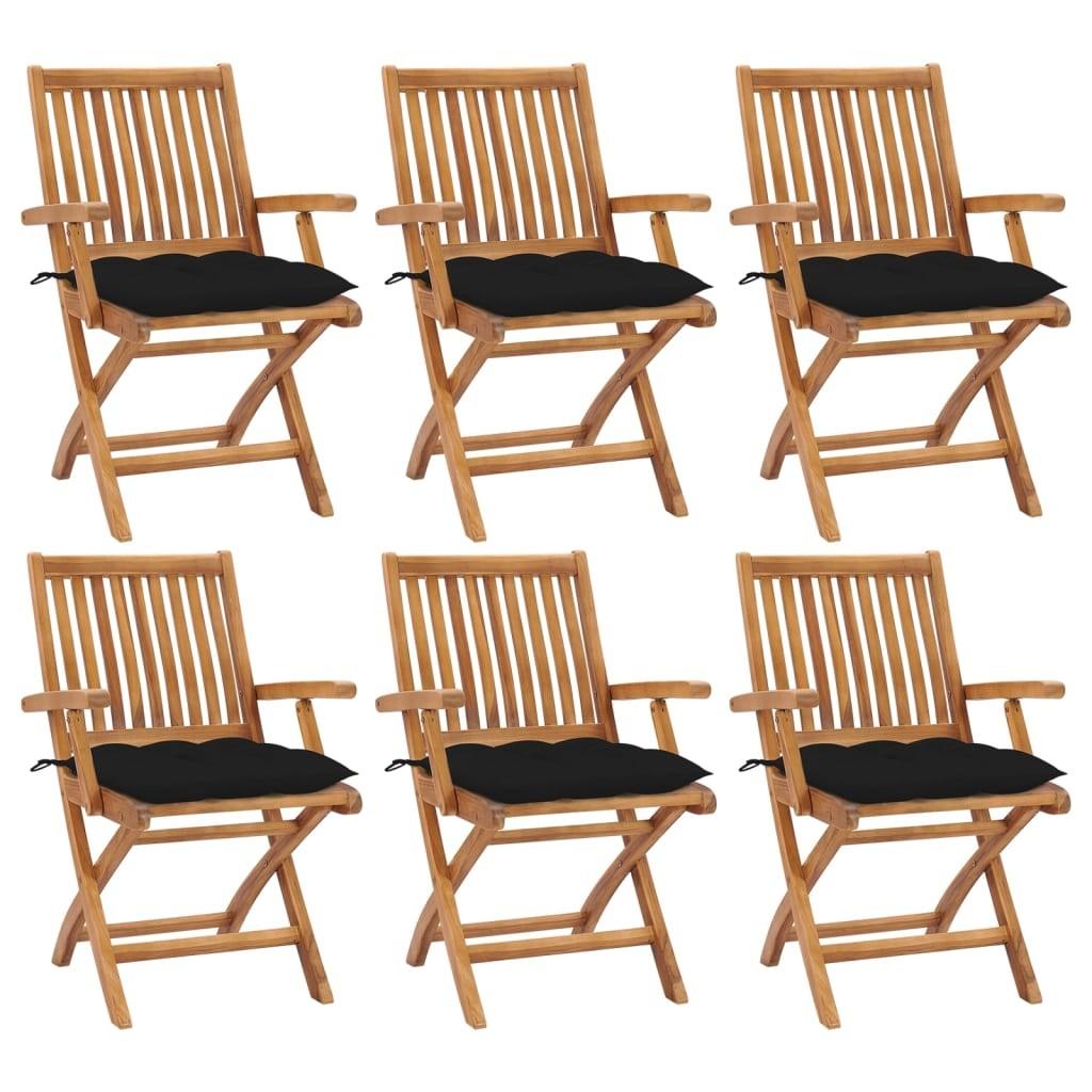 Foldbare havestole - 6 stk. med sorte hynder i massivt teaktræ