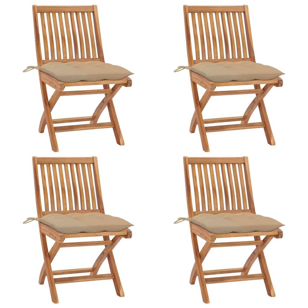 Foldbare Havestole Med Hynder Massivt Teaktræ - Beige / 4
