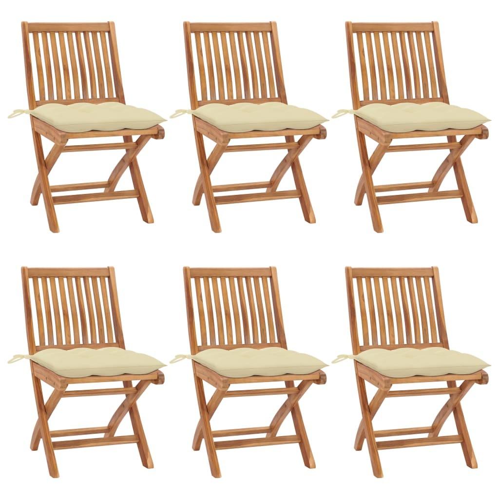 Foldbare Havestole Med Hynder Massivt Teaktræ - Creme / 6