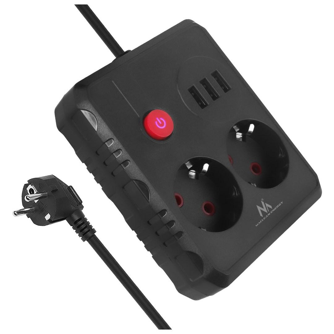 Maclean MCE387 strømskinne - 2 Schuko + 3x USB, 1,5 m, sort