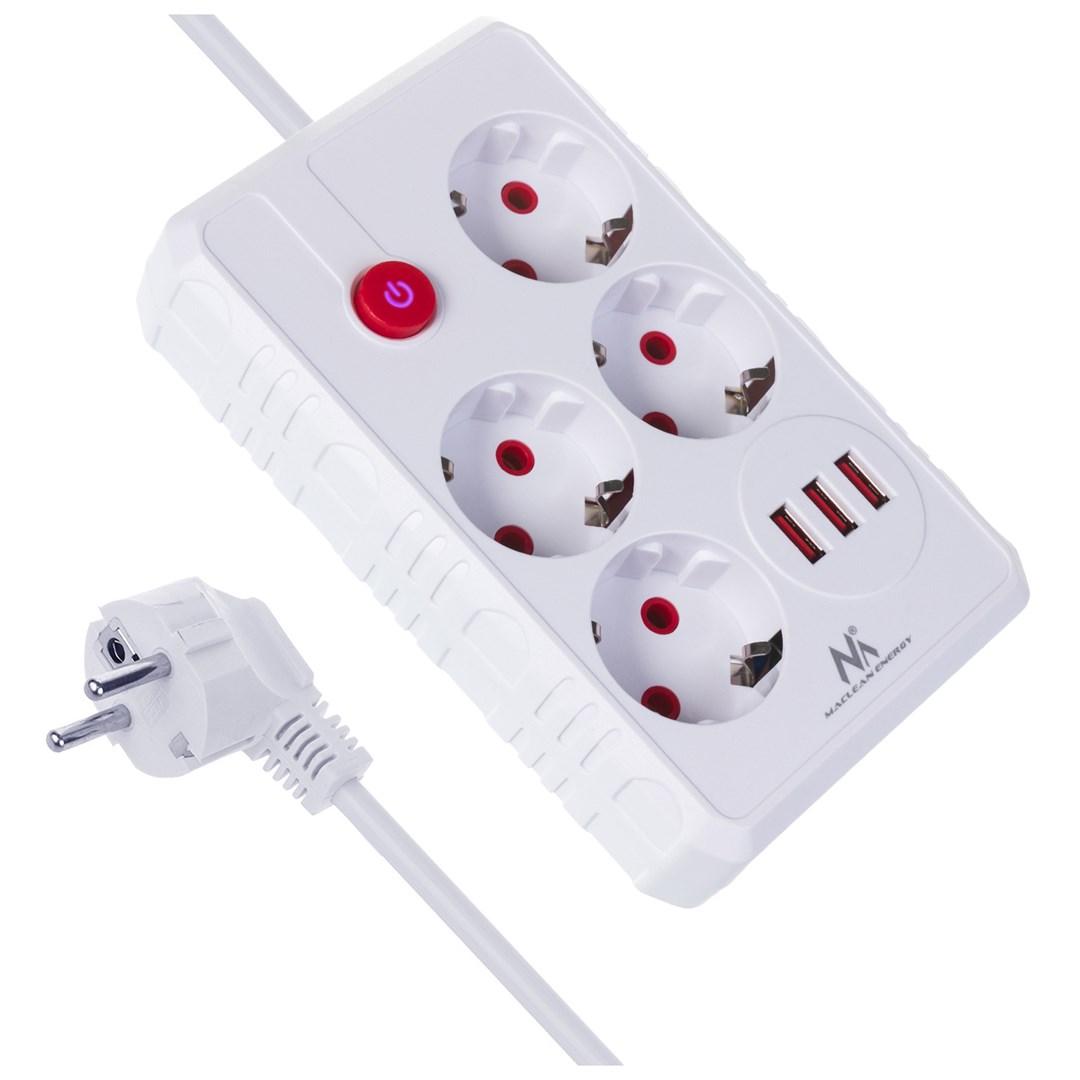 Maclean MCE393 stikdåse med 4 udtag + 3x USB, 3 m - hvid