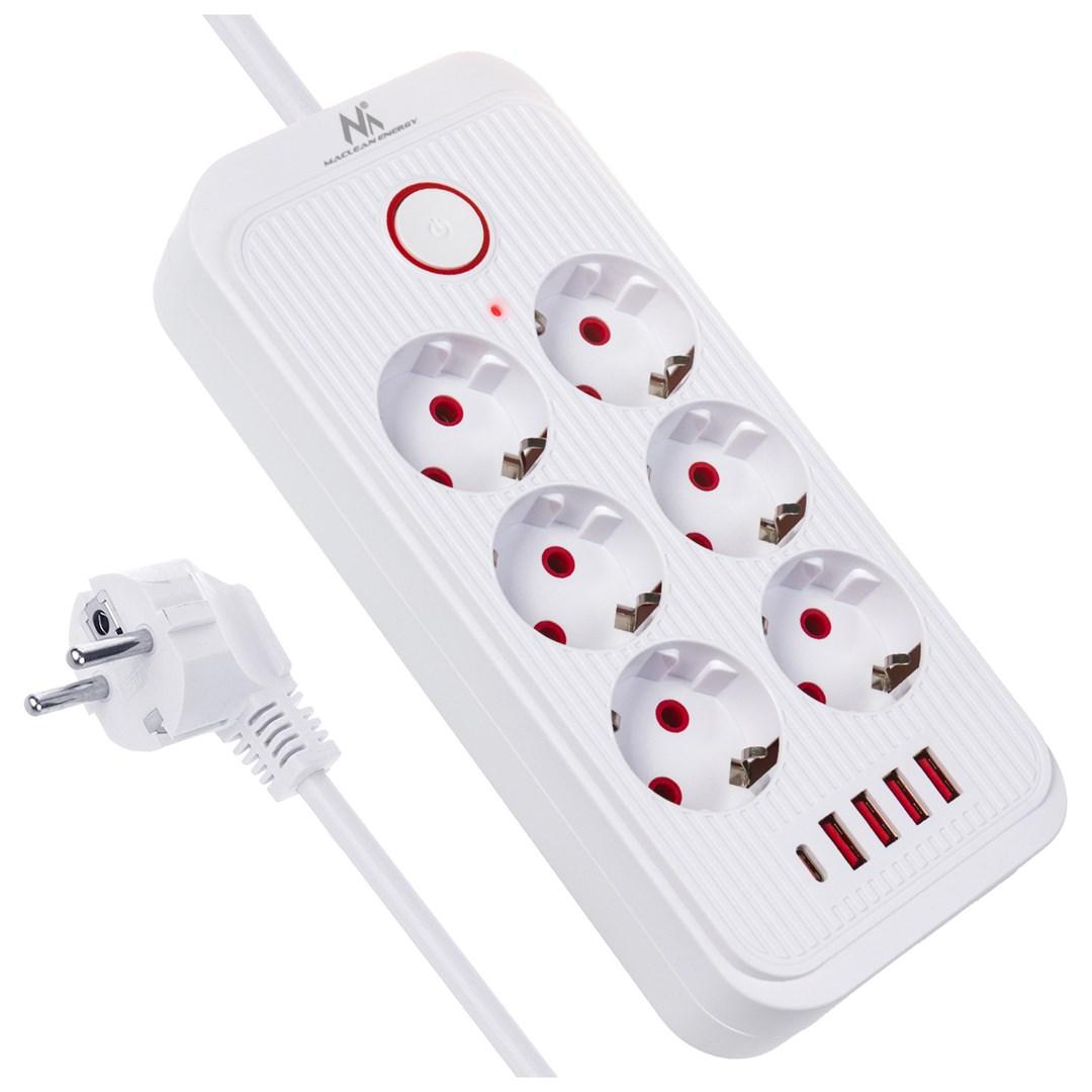 Power strip 6 sockets, MCE389 W 4xUSB-A 1xUSB-C 110-240V, AC 50/60Hz, 2.1A max 2500W white