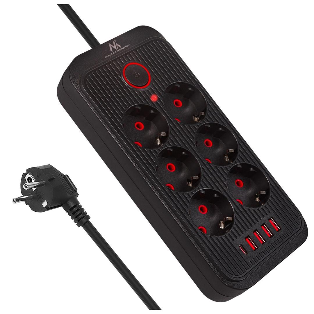 Power strip MCE389 B 6 sockets 4xUSB, 110-240V AC 50/60Hz, 2.1A max 2500W, black