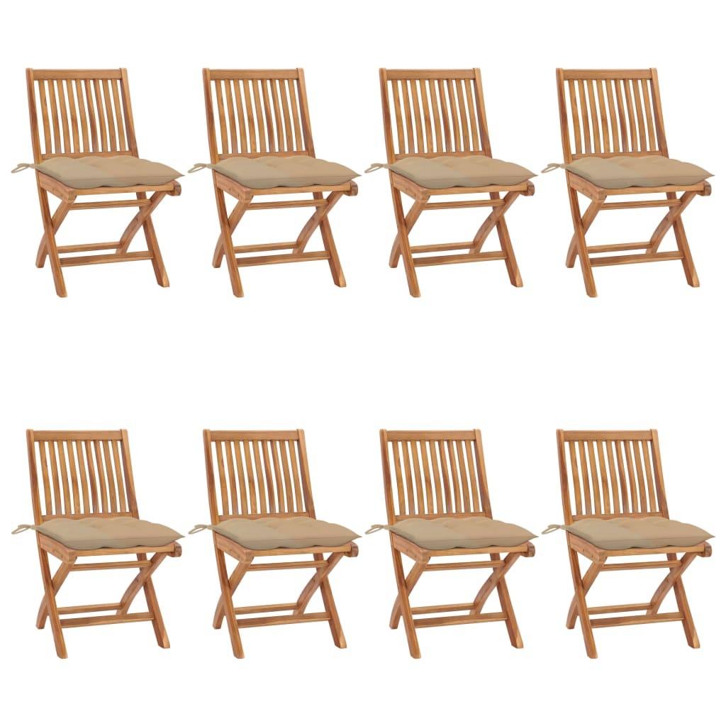 Foldbare Havestole Med Hynder Massivt Teaktræ - Beige / 8