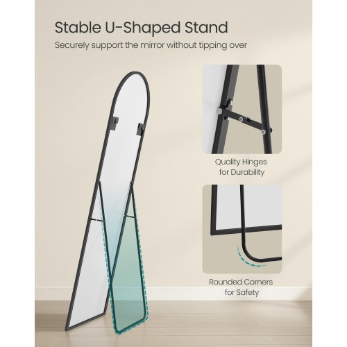 Gulvspejl fuld længde 160 × 50 cm buet spejl med stander, hærdet glas, aluminiumsramme, Ink Black