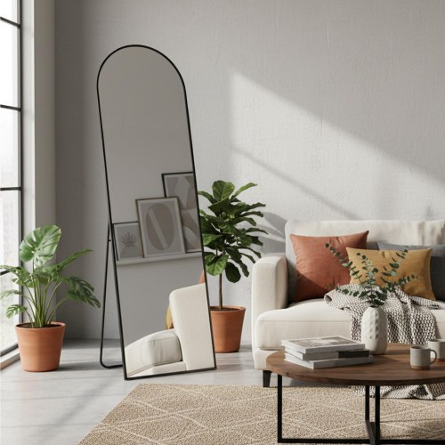 Gulvspejl fuld længde 160 × 50 cm buet spejl med stander, hærdet glas, aluminiumsramme, Ink Black
