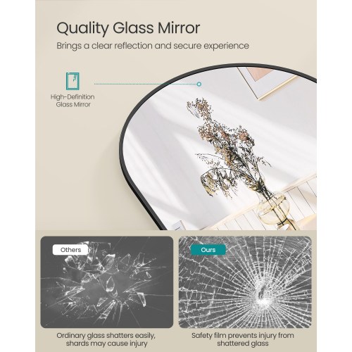 Gulvspejl fuld længde 160 × 50 cm buet spejl med stander, hærdet glas, aluminiumsramme, Ink Black