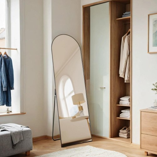 Gulvspejl fuld længde 160 × 50 cm buet spejl med stander, hærdet glas, aluminiumsramme, Ink Black