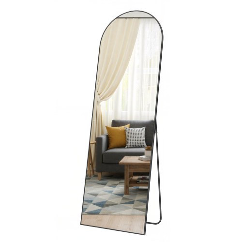 Gulvspejl fuld længde 160 × 50 cm buet spejl med stander, hærdet glas, aluminiumsramme, Ink Black