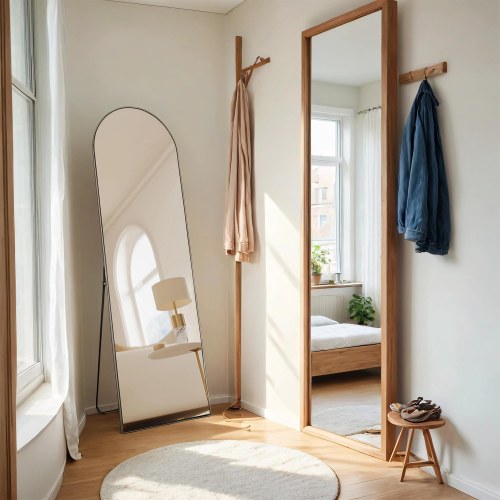 Gulvspejl fuld længde 160 × 50 cm buet spejl med stander, hærdet glas, aluminiumsramme, Ink Black