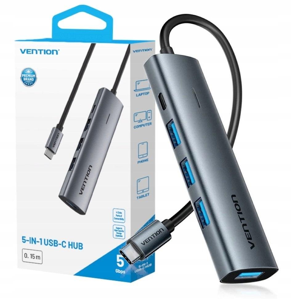 Vention 5-i-1 USB‑C hub 0,15 m - 4× USB 3.0 + USB‑C