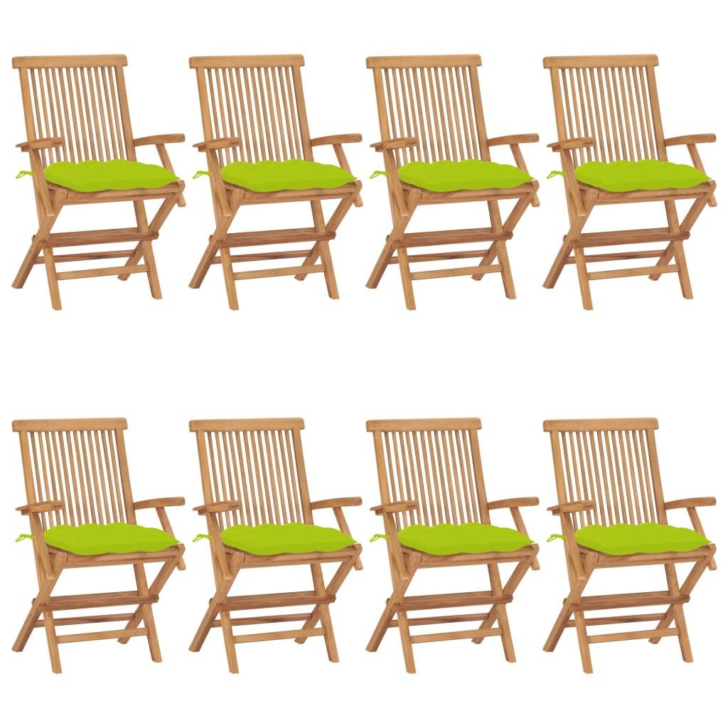 Havestole med lysegrønne hynder 8 stk. massivt teaktræ