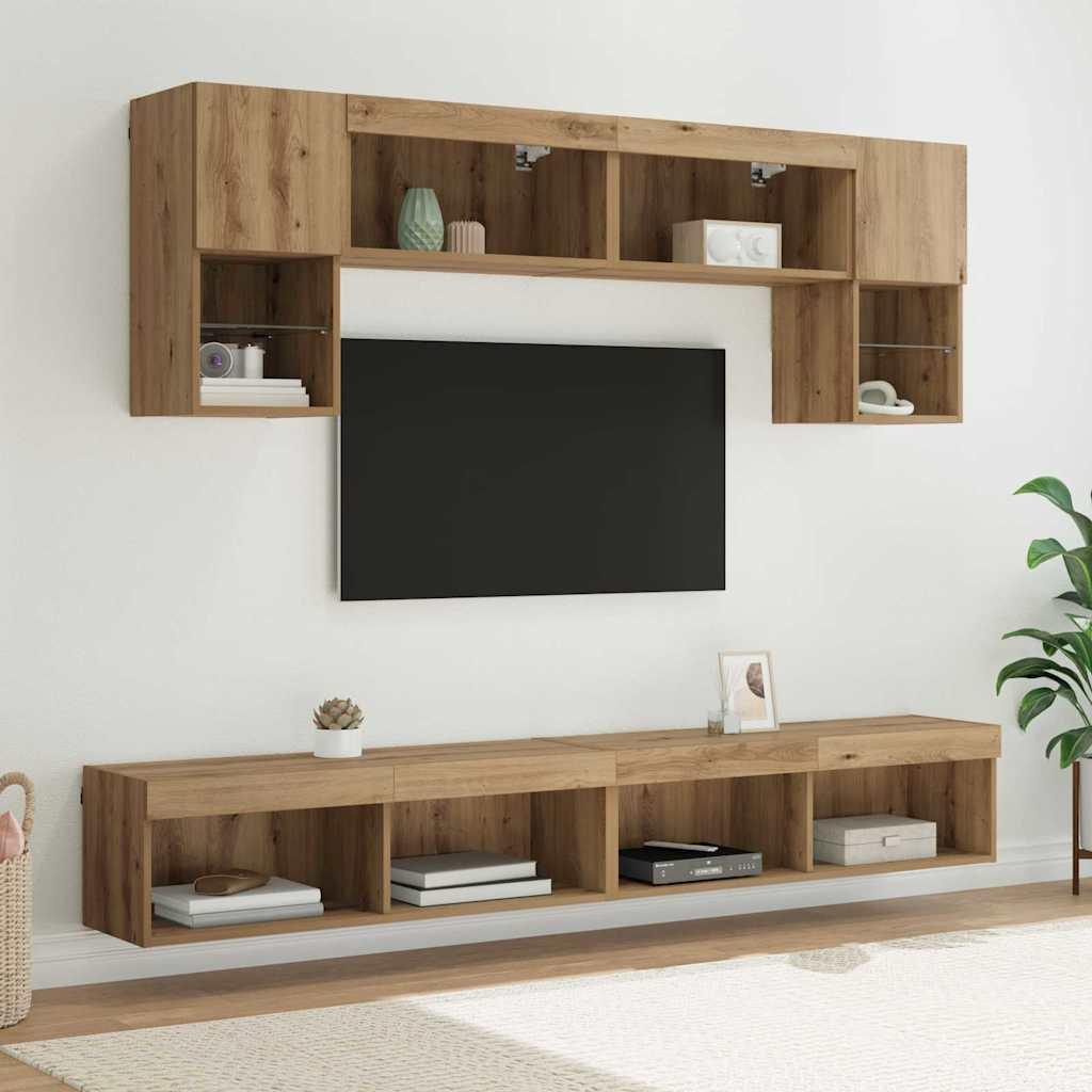 TV vægenheder med LED 6 stk Artisan Egetræ Konstrueret træ