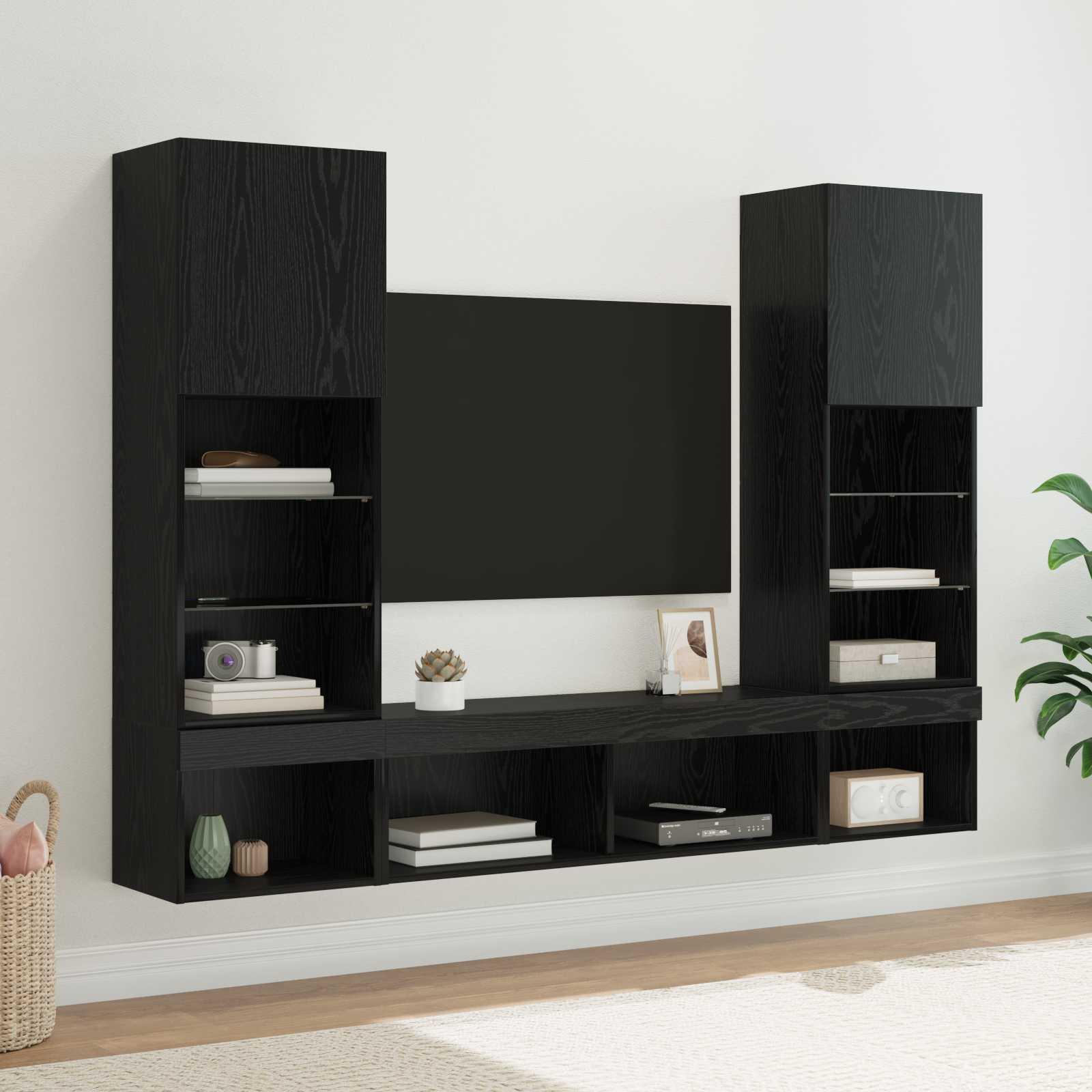 TV vægenheder med LED Vægmonteret 5 stk Sort eg 40,5 x 30 x 102 cm