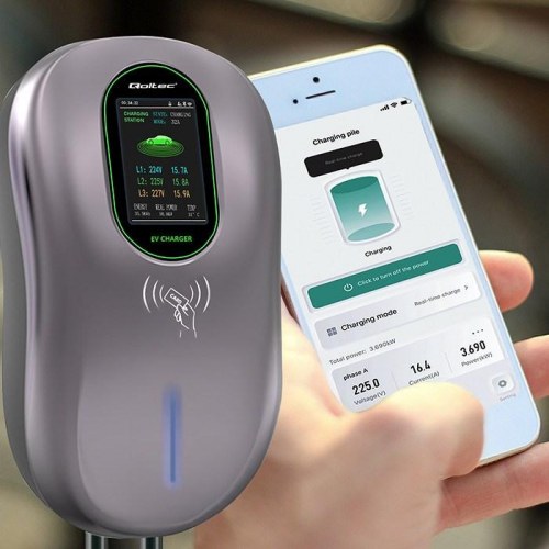 Qoltec 52430 ladeboks til elbil – Type 2, 22 kW, Wi‑Fi, LCD, RFID, 3 faser, 5 m