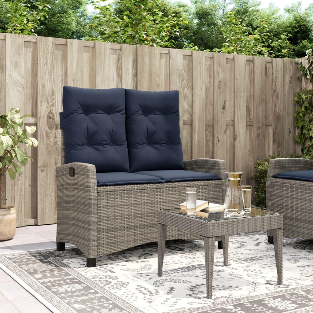 Havebænk med hynder og lænefunktion polyrattan grå